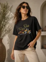 Motosiklet Baskılı Tişört Bisiklet Yaka Kısa Kol Yazlık T-Shirt - Siyah