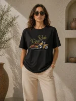 Motosiklet Baskılı Tişört Bisiklet Yaka Kısa Kol Yazlık T-Shirt - Siyah - Görsel 2