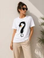 Kuğu Figürlü Soru İşareti Baskılı Tişört Kısa Kol T-Shirt - Beyaz - Görsel 3