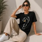 Kuğu Figürlü Soru İşareti Baskılı Tişört Kısa Kol T-Shirt - Siyah