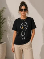 Kuğu Figürlü Soru İşareti Baskılı Tişört Kısa Kol T-Shirt - Siyah - Görsel 2