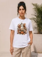 Balkabağı Hayalet Baskılı Tişört Kısa Kol Yazlık T-Shirt - Beyaz - Görsel 2