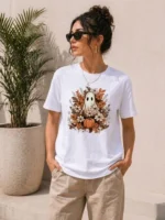 Balkabağı Hayalet Baskılı Tişört Kısa Kol Yazlık T-Shirt - Beyaz - Görsel 3