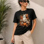 Balkabağı Hayalet Baskılı Tişört Kısa Kol Yazlık T-Shirt - Siyah