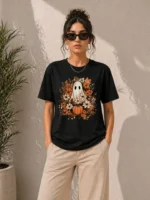 Balkabağı Hayalet Baskılı Tişört Kısa Kol Yazlık T-Shirt - Siyah - Görsel 3