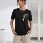 Sevimli Kedi Cep Baskılı Tişört Kısa Kol Yazlık T-Shirt - Siyah