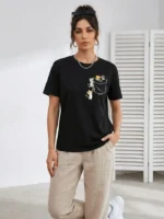 Sevimli Kedi Cep Baskılı Tişört Kısa Kol Yazlık T-Shirt - Siyah - Görsel 2