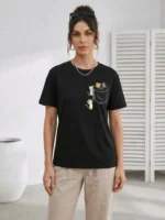 Sevimli Kedi Cep Baskılı Tişört Kısa Kol Yazlık T-Shirt - Siyah - Görsel 3