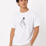 Erkek Kore Parmak Kalp Aşk Temalı Minimal Baskılı Tişört Yazlık Kısa Kol T-Shirt - Beyaz