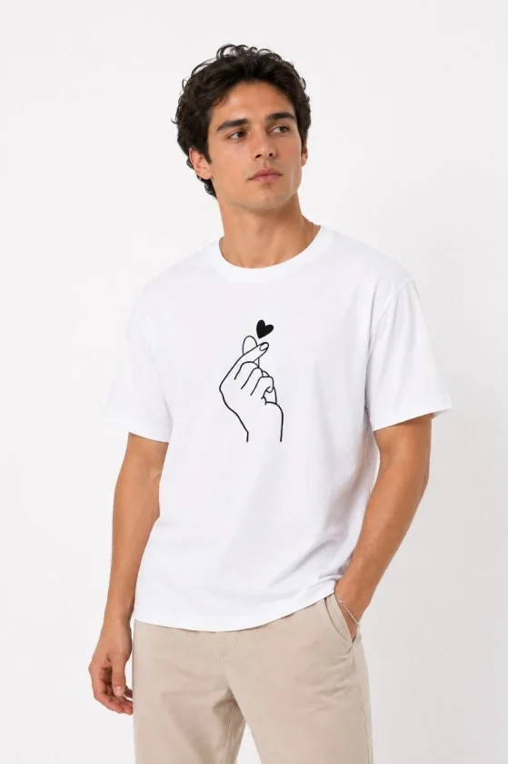 TY69f498dab2d4569f498dab2d48.webp Erkek Kore Parmak Kalp Aşk Temalı Minimal Baskılı Tişört Yazlık Kısa Kol T-Shirt - Beyaz - Görsel 1