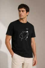 Erkek Köpek Figürlü Minimal Baskılı Tişört Kısa Kol Yazlık T-Shirt - Siyah - Görsel 3
