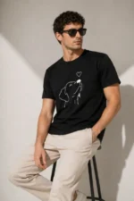 Erkek Köpek Figürlü Minimal Baskılı Tişört Kısa Kol Yazlık T-Shirt - Siyah - Görsel 4
