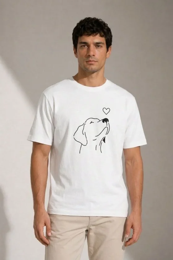 TY69f498f04861e69f498f048620.webp Erkek Köpek Figürlü Minimal Baskılı Tişört Kısa Kol Yazlık T-Shirt - Beyaz - Görsel 1