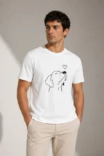 Erkek Köpek Figürlü Minimal Baskılı Tişört Kısa Kol Yazlık T-Shirt - Beyaz - Görsel 2