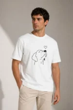 Erkek Köpek Figürlü Minimal Baskılı Tişört Kısa Kol Yazlık T-Shirt - Beyaz - Görsel 3
