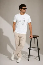 Erkek Köpek Figürlü Minimal Baskılı Tişört Kısa Kol Yazlık T-Shirt - Beyaz - Görsel 4