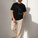 Erkek Minimal Kedi Çizim Baskılı Tişört Kısa Kol Yazlık T-Shirt - Siyah
