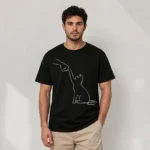 Erkek Minimal Kedi Çizim Baskılı Tişört Kısa Kol Yazlık T-Shirt - Siyah - Görsel 2