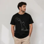 Erkek Minimal Kedi Çizim Baskılı Tişört Kısa Kol Yazlık T-Shirt - Siyah - Görsel 3