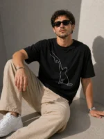 Erkek Minimal Kedi Çizim Baskılı Tişört Kısa Kol Yazlık T-Shirt - Siyah - Görsel 4