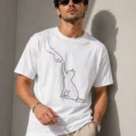Erkek Minimal Kedi Çizim Baskılı Tişört Kısa Kol Yazlık T-Shirt - Beyaz
