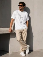 Erkek Minimal Kedi Çizim Baskılı Tişört Kısa Kol Yazlık T-Shirt - Beyaz - Görsel 2
