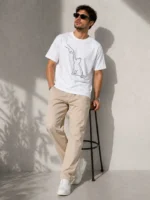 Erkek Minimal Kedi Çizim Baskılı Tişört Kısa Kol Yazlık T-Shirt - Beyaz - Görsel 3