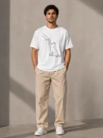 Erkek Minimal Kedi Çizim Baskılı Tişört Kısa Kol Yazlık T-Shirt - Beyaz - Görsel 4