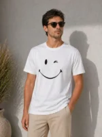 Erkek Minimal Gülümseyen Yüz Baskılı Tişört Kısa Kol Yazlık T-Shirt - Beyaz
