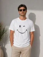 Erkek Minimal Gülümseyen Yüz Baskılı Tişört Kısa Kol Yazlık T-Shirt - Beyaz - Görsel 2