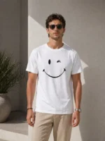 Erkek Minimal Gülümseyen Yüz Baskılı Tişört Kısa Kol Yazlık T-Shirt - Beyaz - Görsel 3