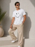 Erkek Minimal Gülümseyen Yüz Baskılı Tişört Kısa Kol Yazlık T-Shirt - Beyaz - Görsel 4