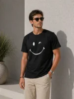 Erkek Minimal Gülümseyen Yüz Baskılı Tişört Kısa Kol Yazlık T-Shirt - Siyah - Görsel 3