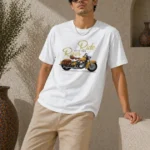 Erkek Motosiklet Baskılı Tişört Bisiklet Yaka Kısa Kol Yazlık T-Shirt - Beyaz