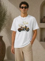 Erkek Motosiklet Baskılı Tişört Bisiklet Yaka Kısa Kol Yazlık T-Shirt - Beyaz - Görsel 3