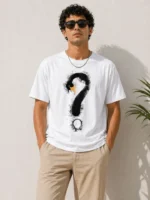Erkek Kuğu Figürlü Soru İşareti Baskılı Tişört Kısa Kol T-Shirt - Beyaz - Görsel 2