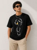 Erkek Kuğu Figürlü Soru İşareti Baskılı Tişört Kısa Kol T-Shirt - Siyah