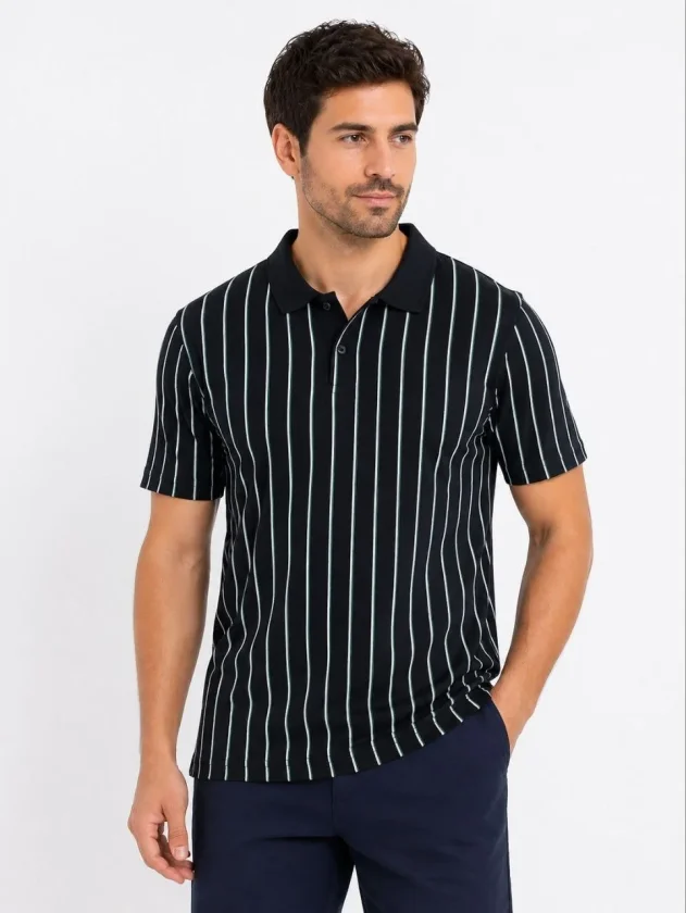 TY69f4a6b8e664869f4a6b8e664a.webp Erkek Pike Kumaş Çizgili Polo Yaka Tişört Kısa Kol Yazlık T-Shirt - Siyah - Görsel 1