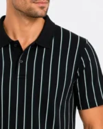 Erkek Pike Kumaş Çizgili Polo Yaka Tişört Kısa Kol Yazlık T-Shirt - Siyah - Görsel 2