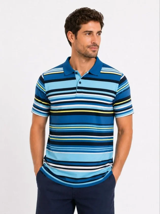 TY69f4a6bd84da569f4a6bd84da7.webp Erkek Çizgili Polo Yaka Tişört Kısa Kol Yazlık T-Shirt Regular Fit - Mavi - Görsel 1