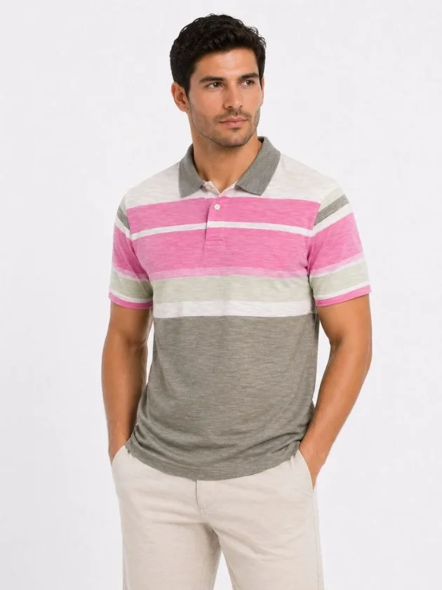 TY69f4a6c21c72569f4a6c21c727.webp Erkek Flamlı Penye Çizgili Polo Yaka Tişört Kısa Kol Yazlık T-Shirt - Gri - Görsel 1