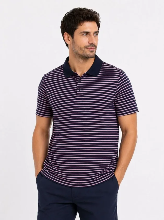 TY69f4a6c68730169f4a6c687303.webp Erkek Pike Kumaş Gül Kurusu Çizgili Polo Yaka Tişört Kısa Kol T-Shirt - Siyah - Görsel 1