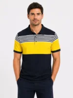 Erkek Pike Kumaş Çizgili Polo Yaka Tişört Kısa Kol Yazlık T-Shirt - Lacivert - Görsel 3