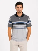 Erkek Flamlı Penye Çizgili Polo Yaka Tişört Kısa Kol Yazlık T-Shirt - Gri - Görsel 2