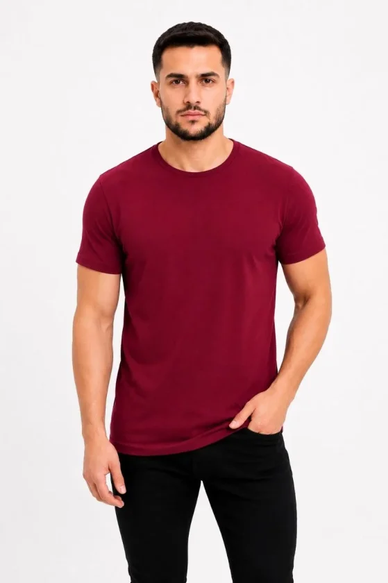 TY6a09a9bd4e9976a09a9bd4e999.webp Erkek Basic Tişört Bisiklet Yaka Kısa Kol Günlük Yazlık Slim Fit T-Shirt - Bordo - Görsel 1