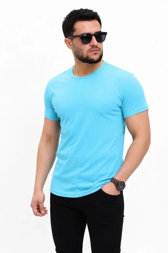 TY6a09a9d7b81386a09a9d7b8139.webp Erkek Basic Tişört Bisiklet Yaka Kısa Kol Günlük Yazlık Slim Fit T-Shirt - Açık Mavi - Görsel 1