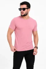 Erkek Basic Tişört Bisiklet Yaka Kısa Kol Günlük Yazlık Slim Fit T-Shirt - Pembe - Görsel 3