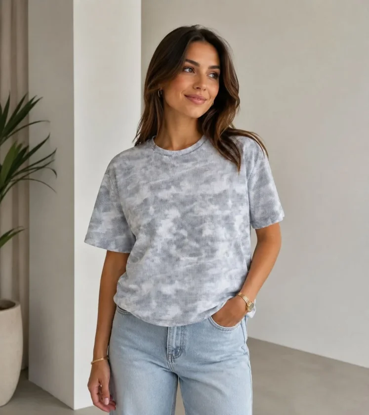 TY6a0af4205bab26a0af4205bab3.webp Batik Desenli Tişört Bisiklet Yaka Kısa Kol Regular Fit T-shirt - Gri - Görsel 1