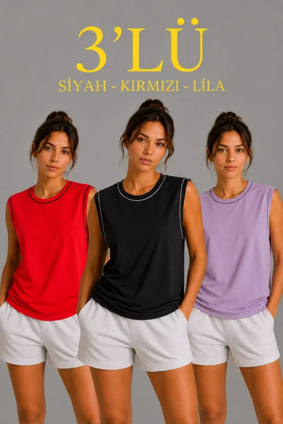 TY6a0df2841e8dd6a0df2841e8df.webp 3’lü Kolsuz Sporcu Atlet Seti Yazlık Bisiklet Yaka - Siyah, Kırmızı, Lila - Görsel 1