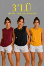 3’lü Kolsuz Sporcu Atlet Seti Yazlık Bisiklet Yaka - Siyah, Bordo, Hardal